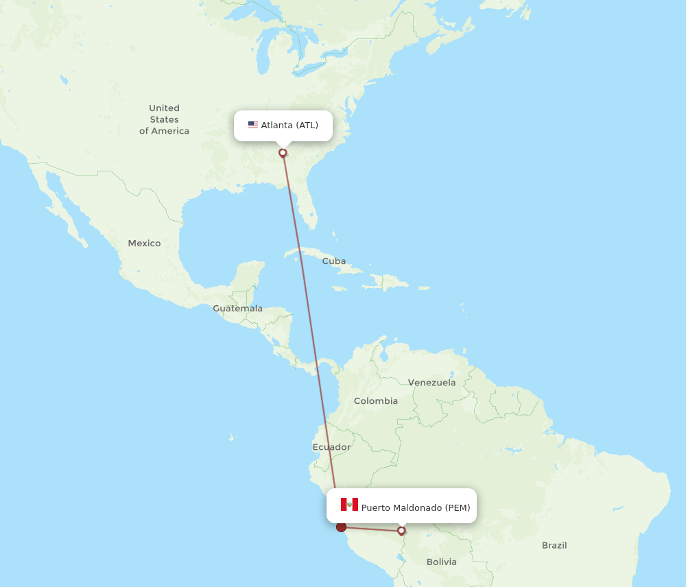 Puerto Maldonado - Atlanta route map and flight paths