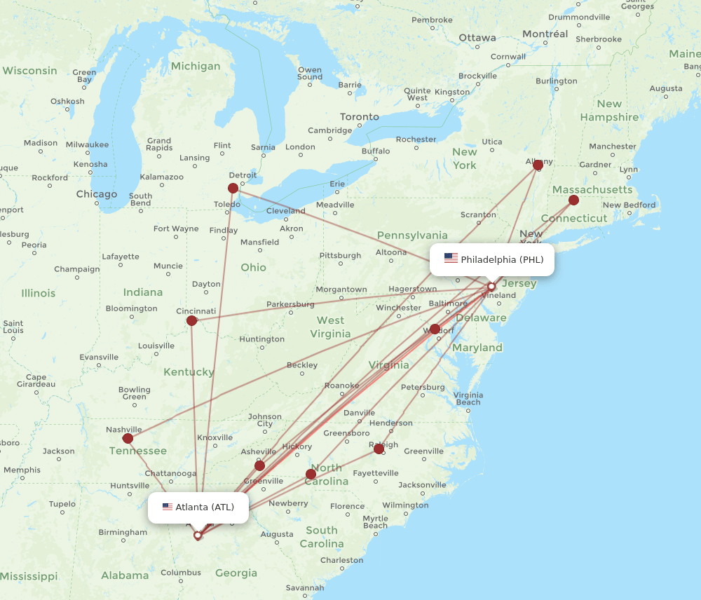ATL to PHL flights and routes map