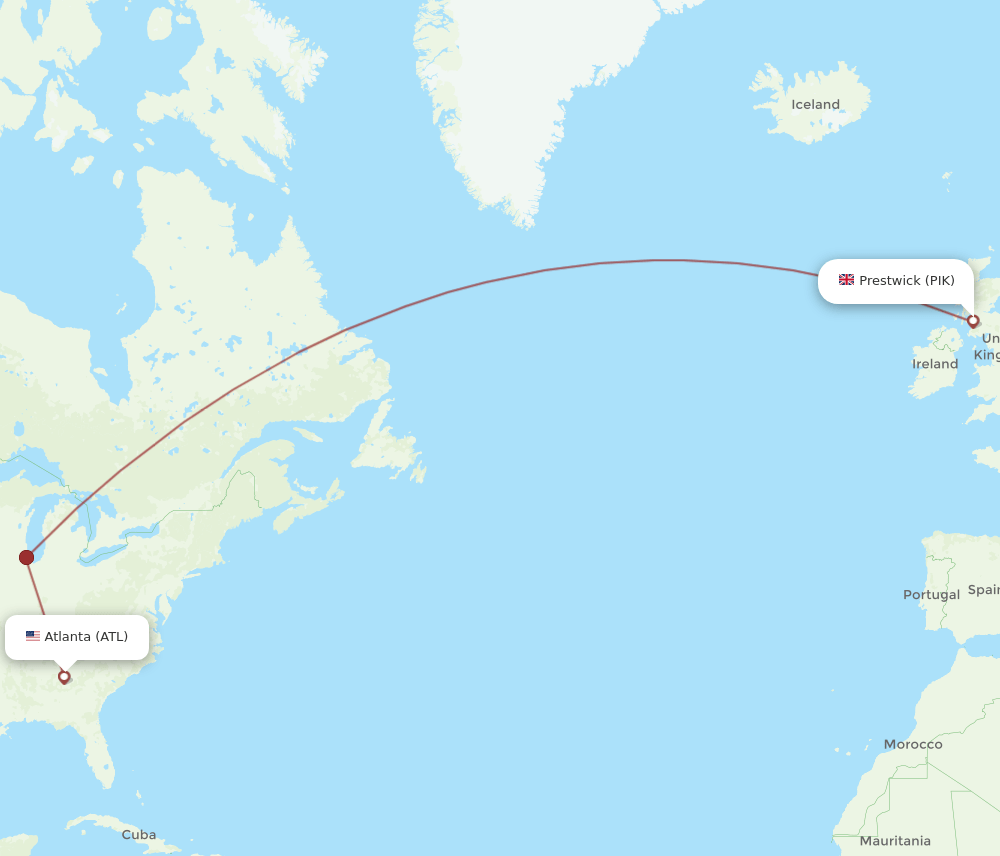 Atlanta - Glasgow route map and flight paths