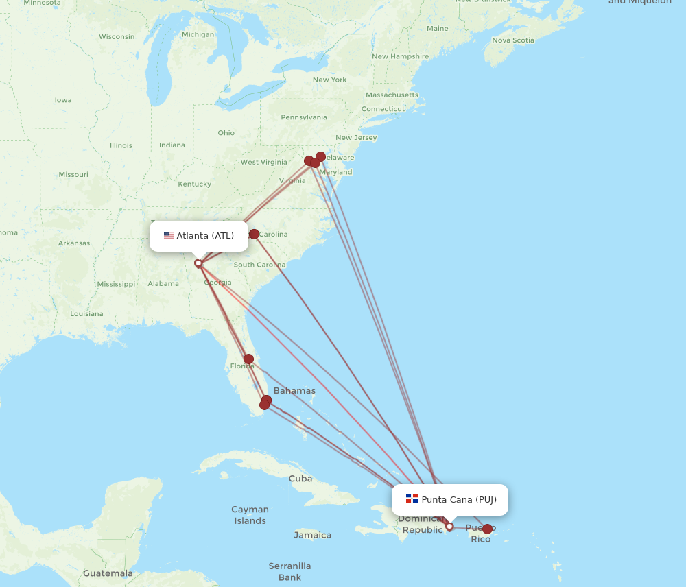 ATL to PUJ flights and routes map
