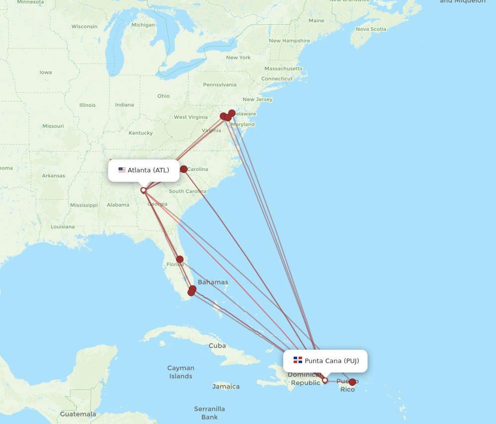 ATL to PUJ flights and routes map