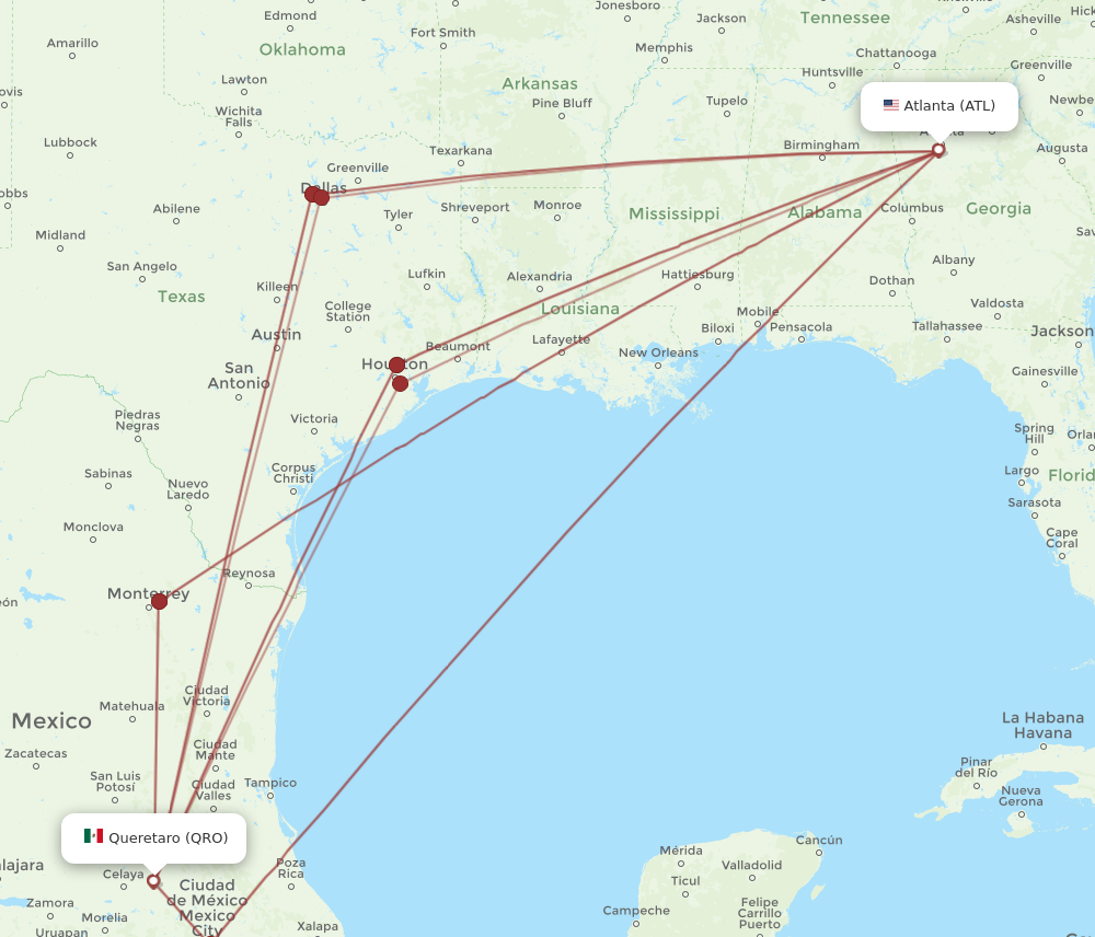 ATL to QRO flights and routes map