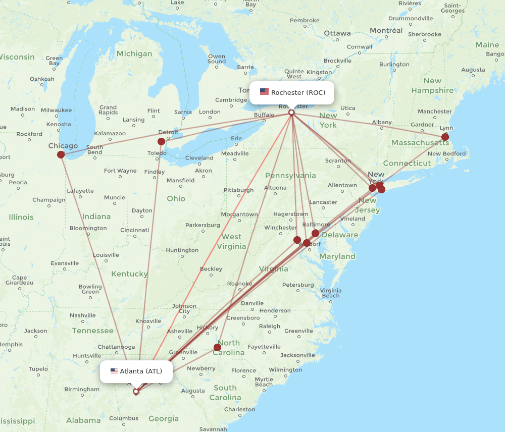 ATL-ROC flight routes