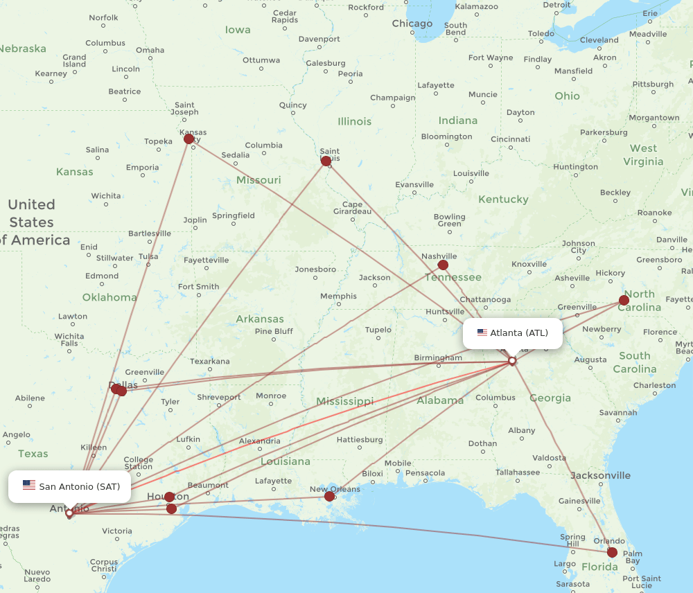 ATL-SAT flight routes