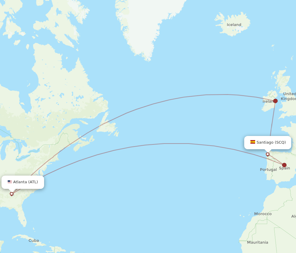 Santiago De Compostela - Atlanta route map and flight paths