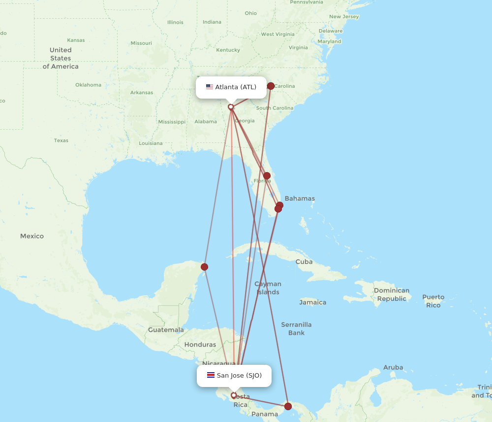 ATL to SJO flights and routes map