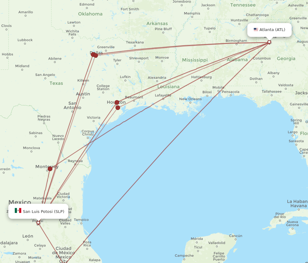 ATL to SLP flights and routes map