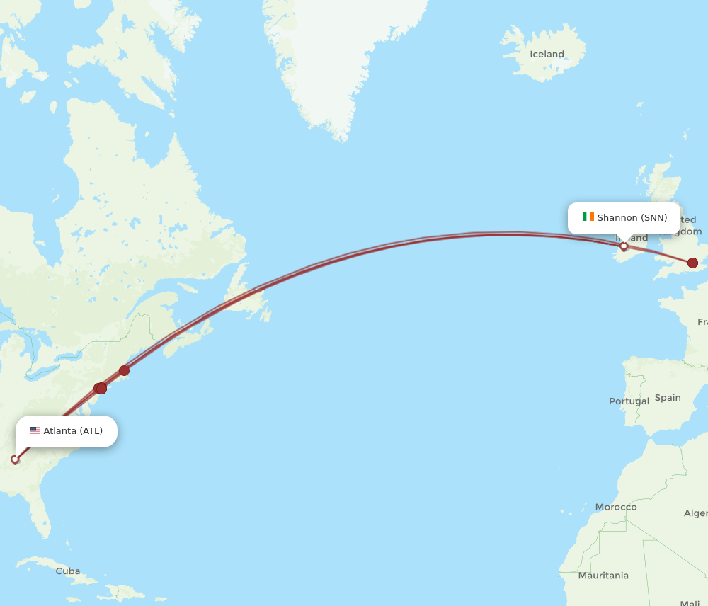 ATL to SNN flights and routes map