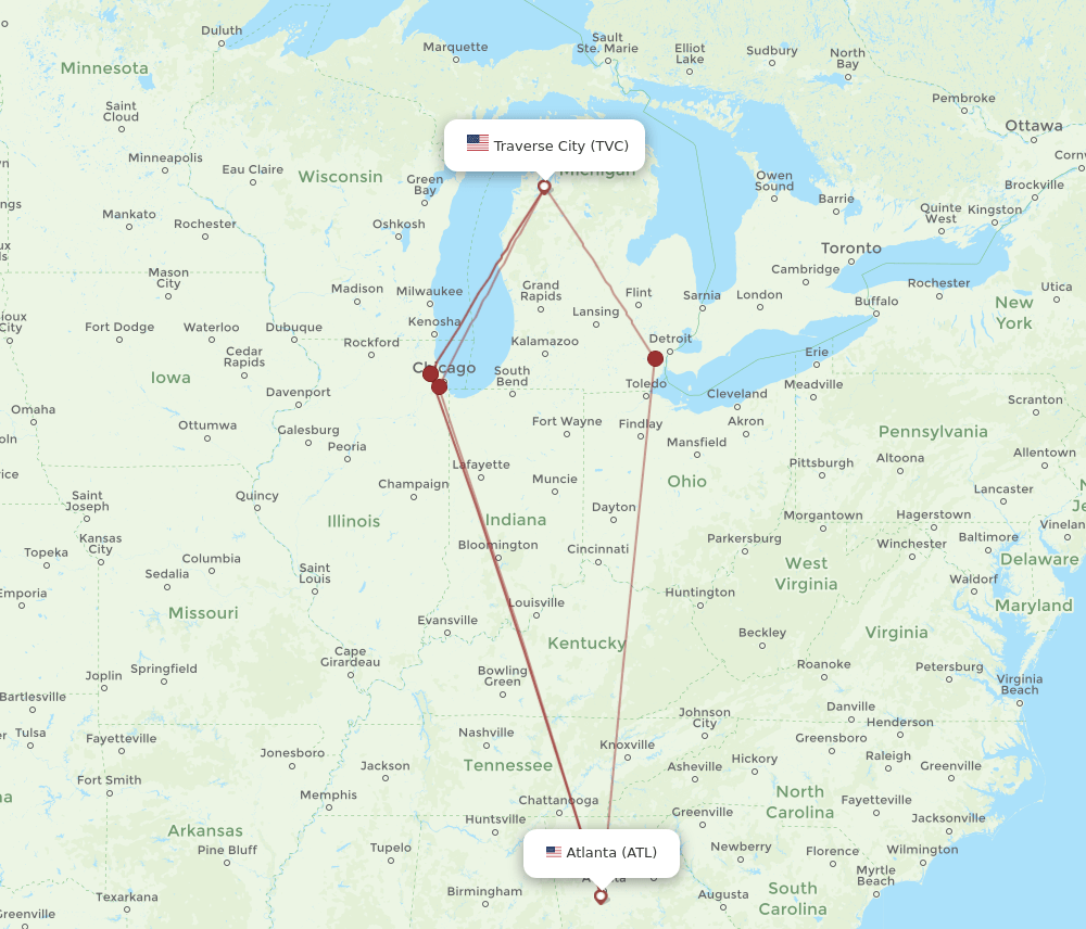 ATL to TVC flights and routes map
