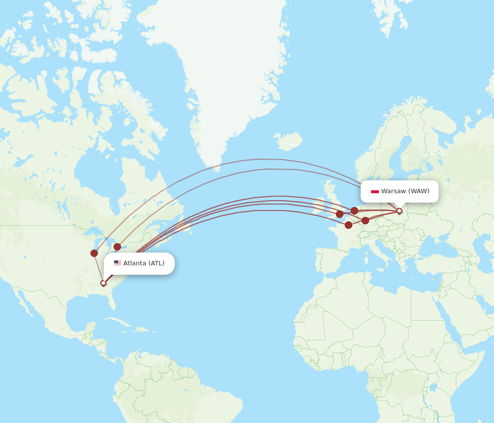 ATL to WAW flights and routes map