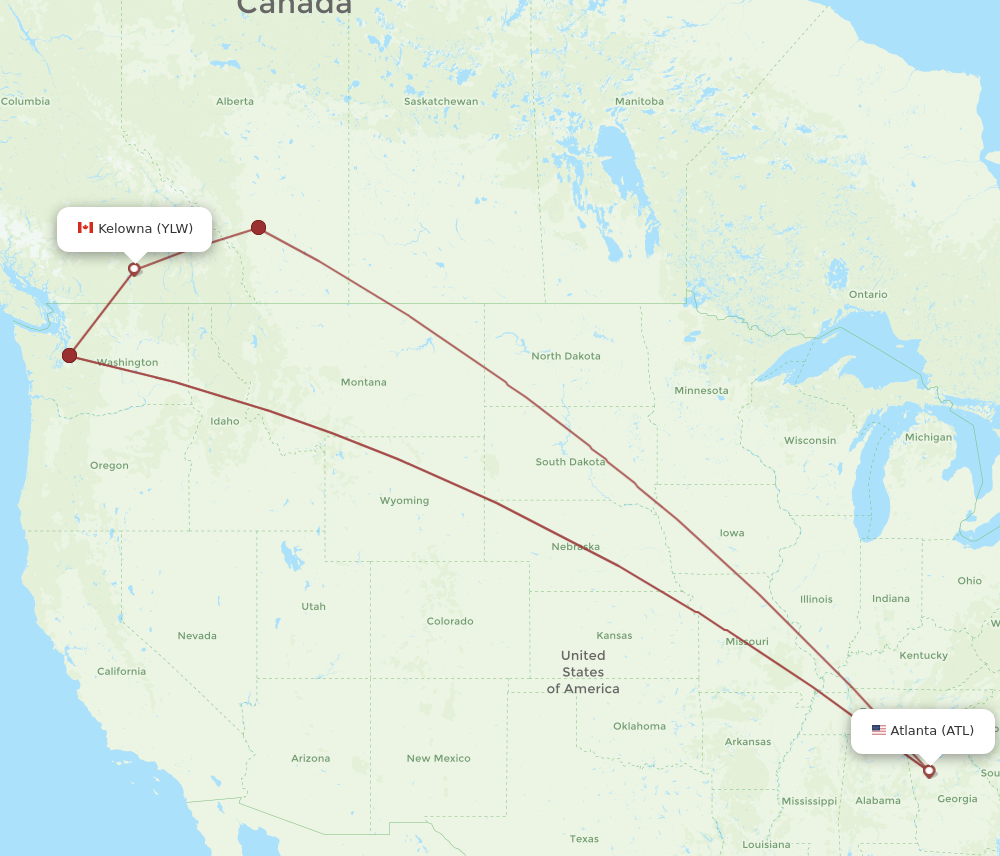 ATL to YLW flights and routes map