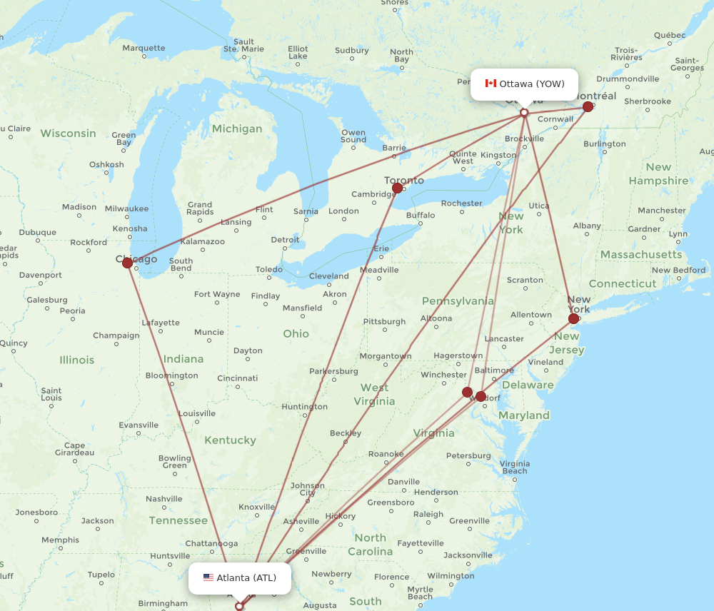 ATL to YOW flights and routes map