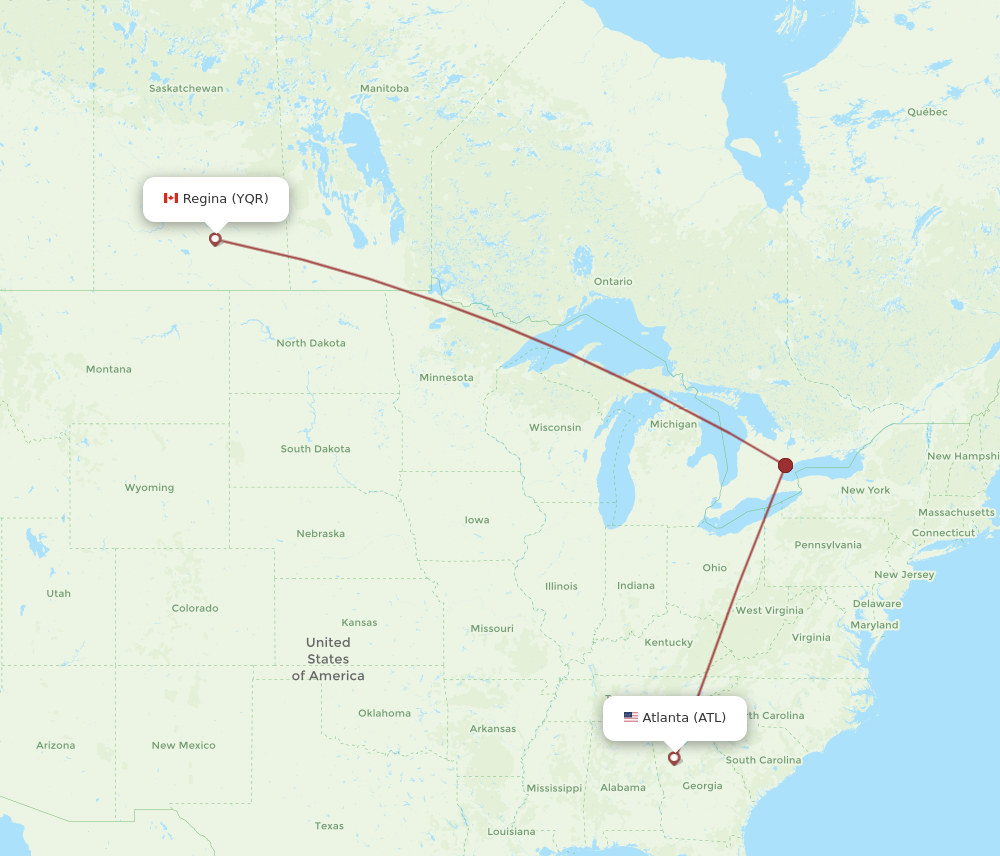ATL to YQR flights and routes map