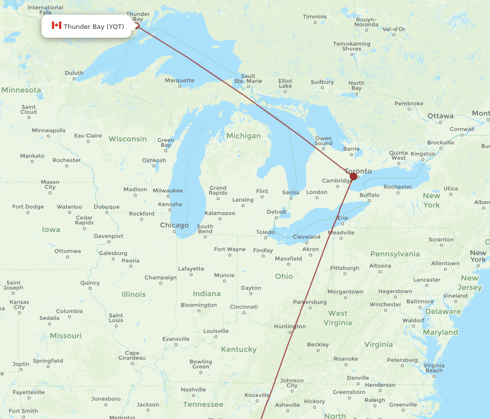 ATL to YQT flights and routes map