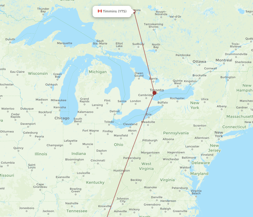 ATL to YTS flights and routes map