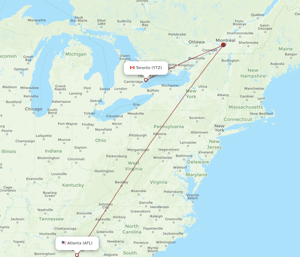ATL to YTZ flights and routes map