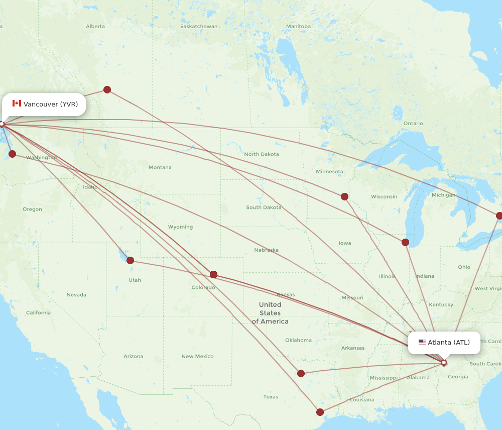 YVR to ATL flights and routes map