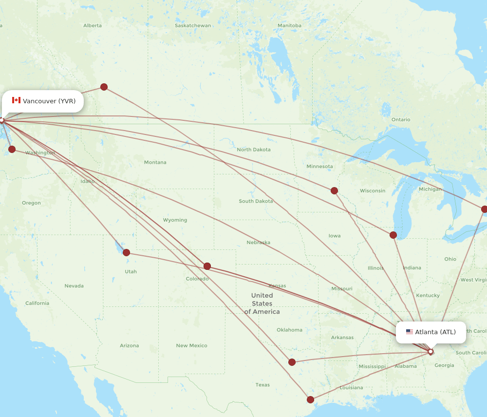 ATL to YVR flights and routes map