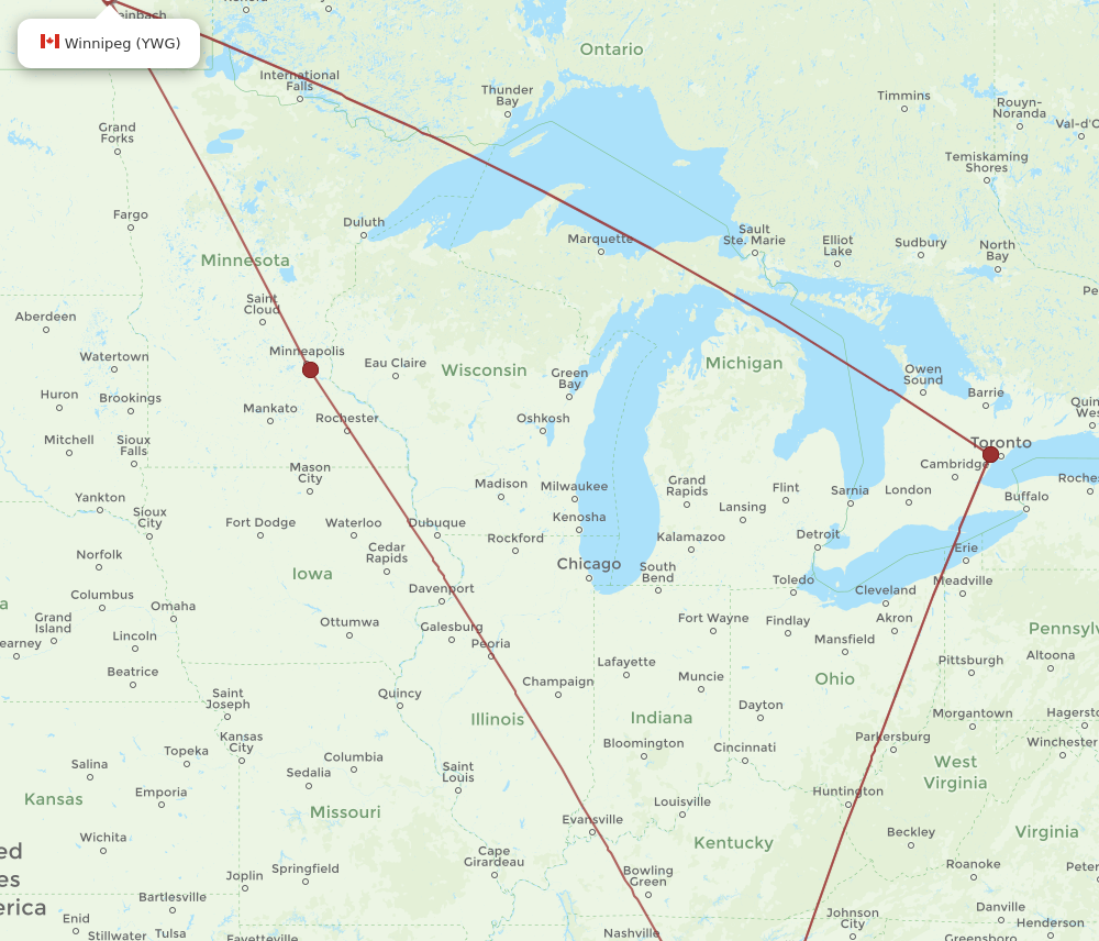 ATL to YWG flights and routes map