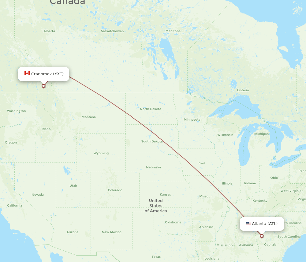 Cranbrook - Atlanta route map and flight paths