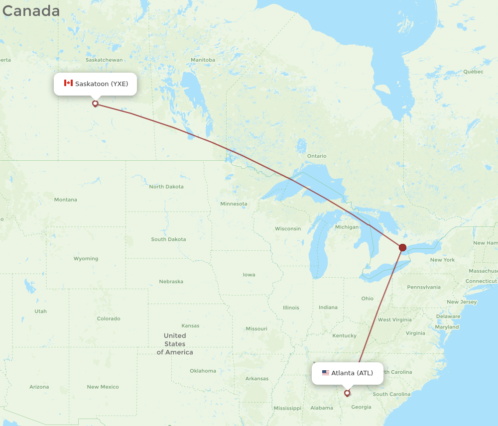 YXE to ATL flights and routes map