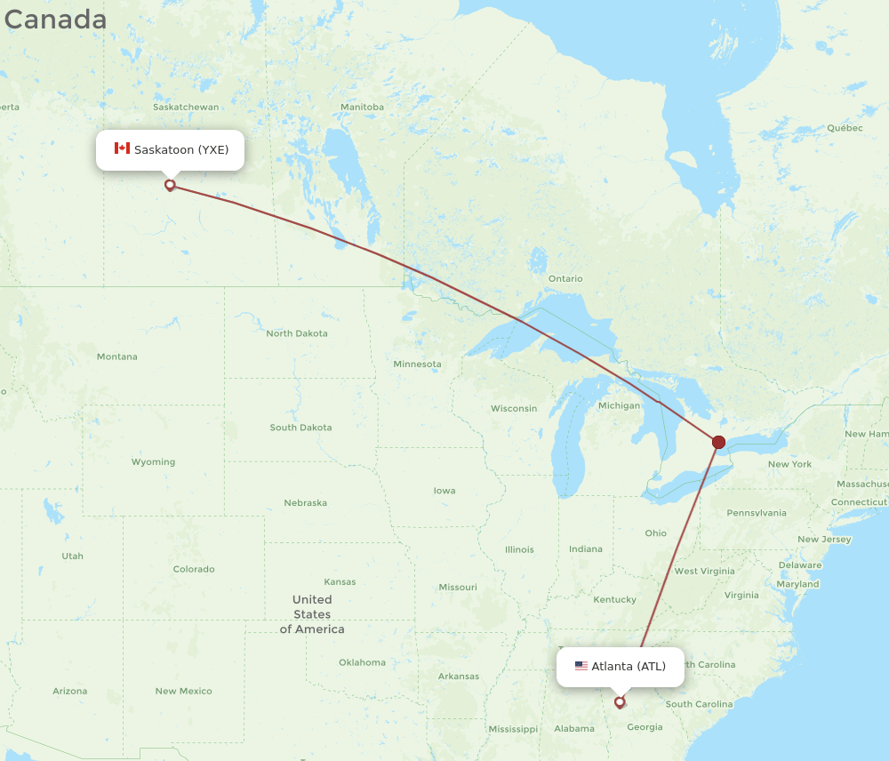 Saskatoon - Atlanta route map and flight paths