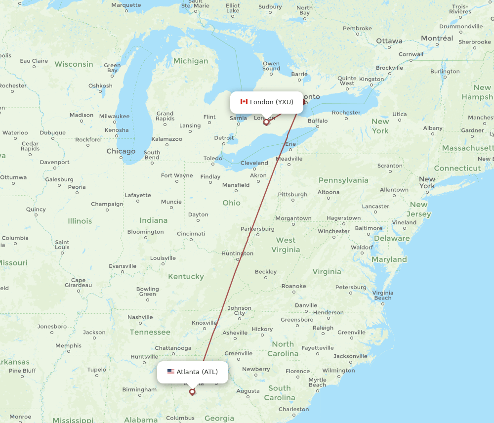 YXU to ATL flights and routes map