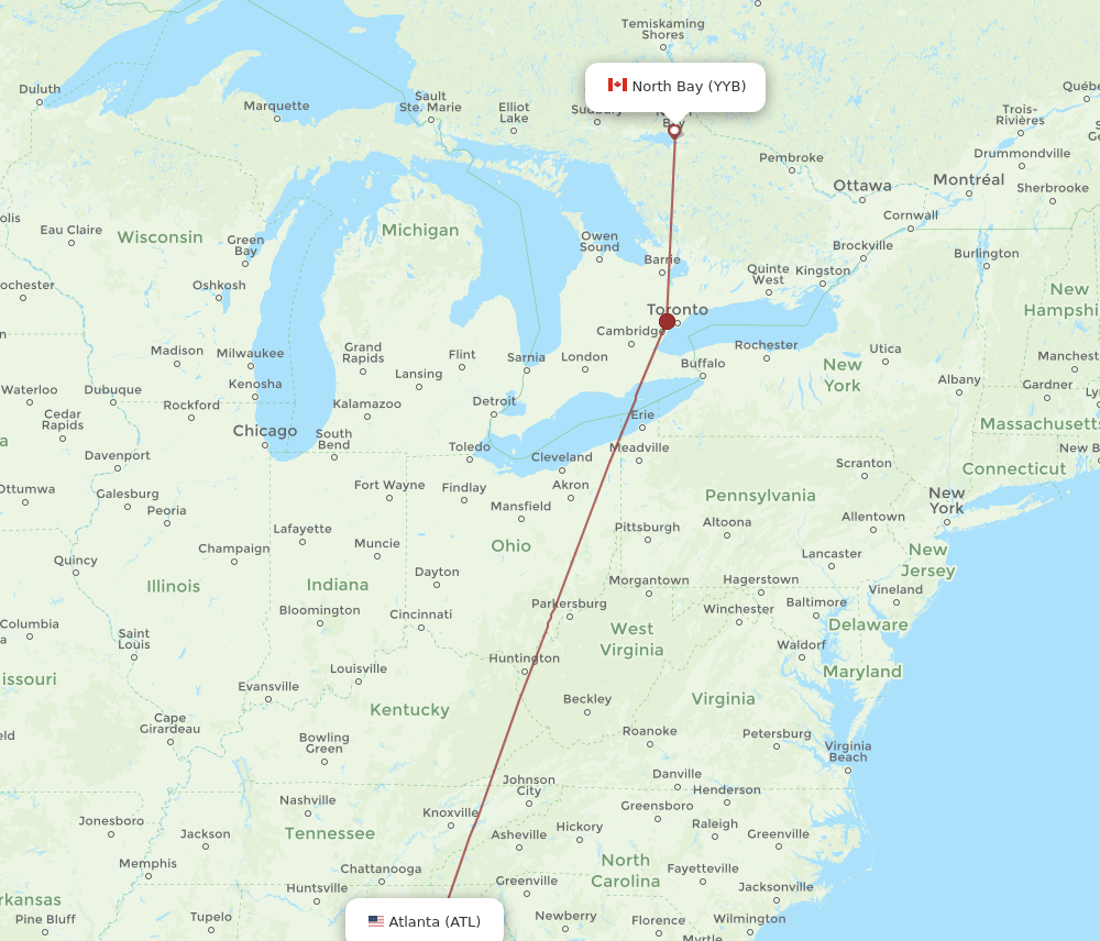 North Bay - Atlanta route map and flight paths
