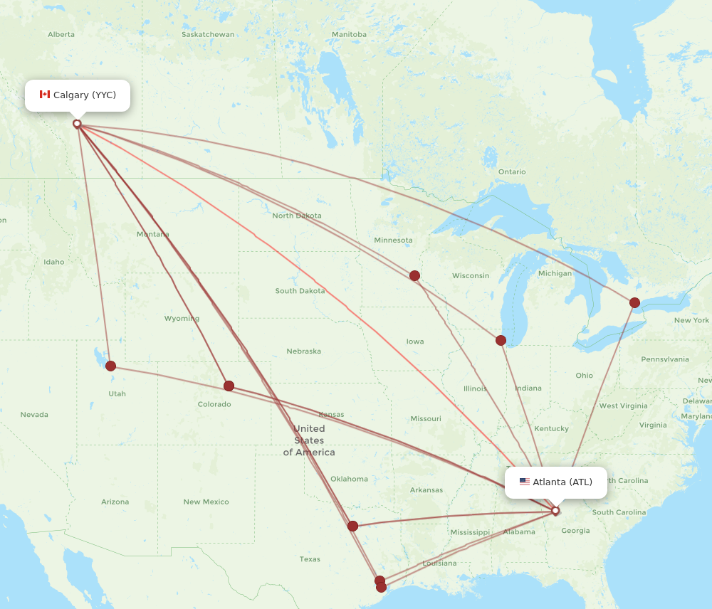 ATL to YYC flights and routes map