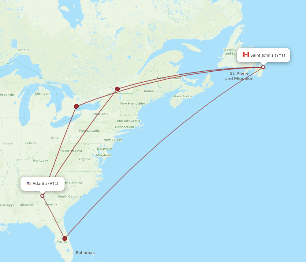 ATL to YYT flights and routes map