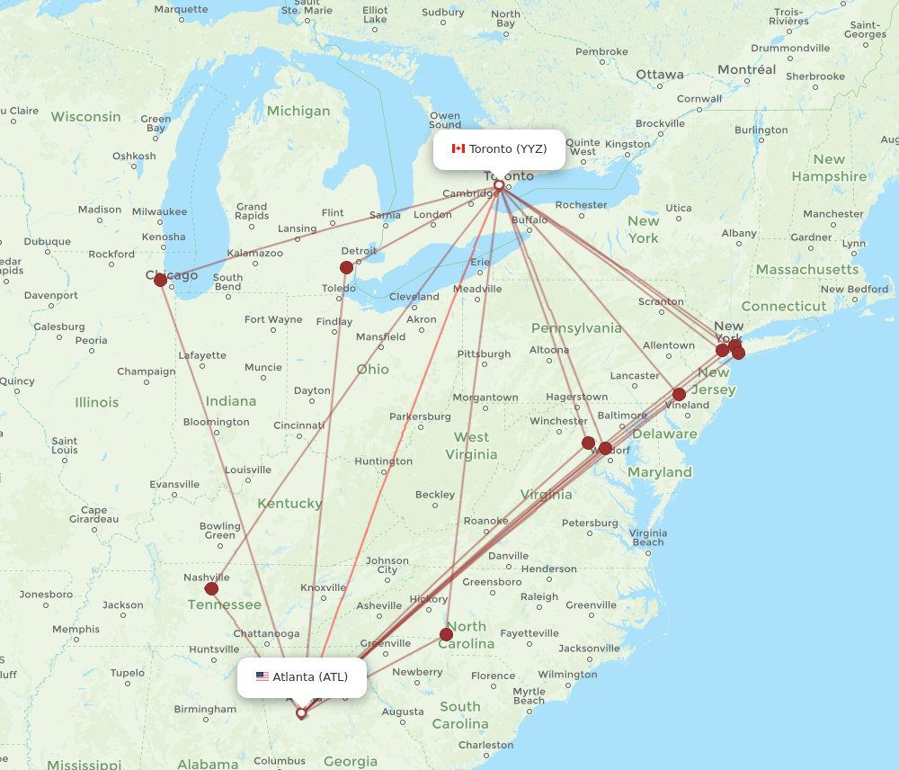 ATL to YYZ flights and routes map