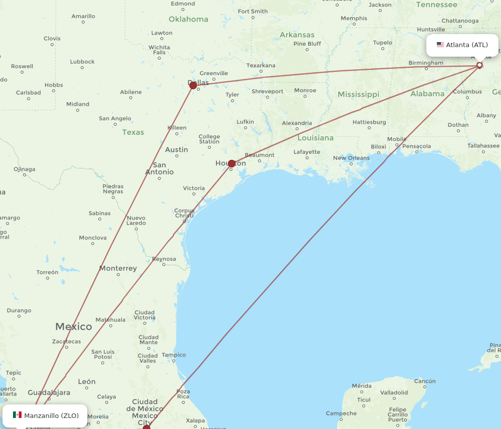 Manzanillo - Atlanta route map and flight paths