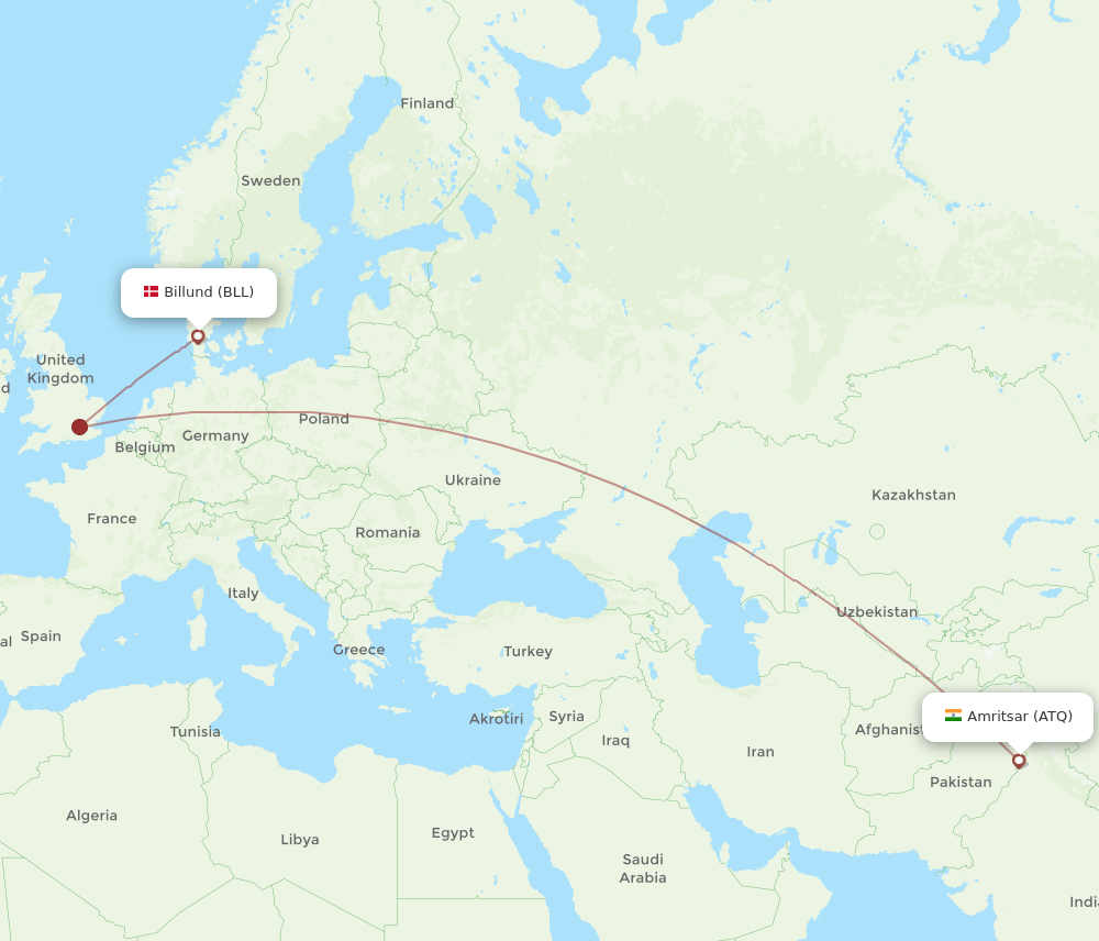 Billund - Amritsar route map and flight paths