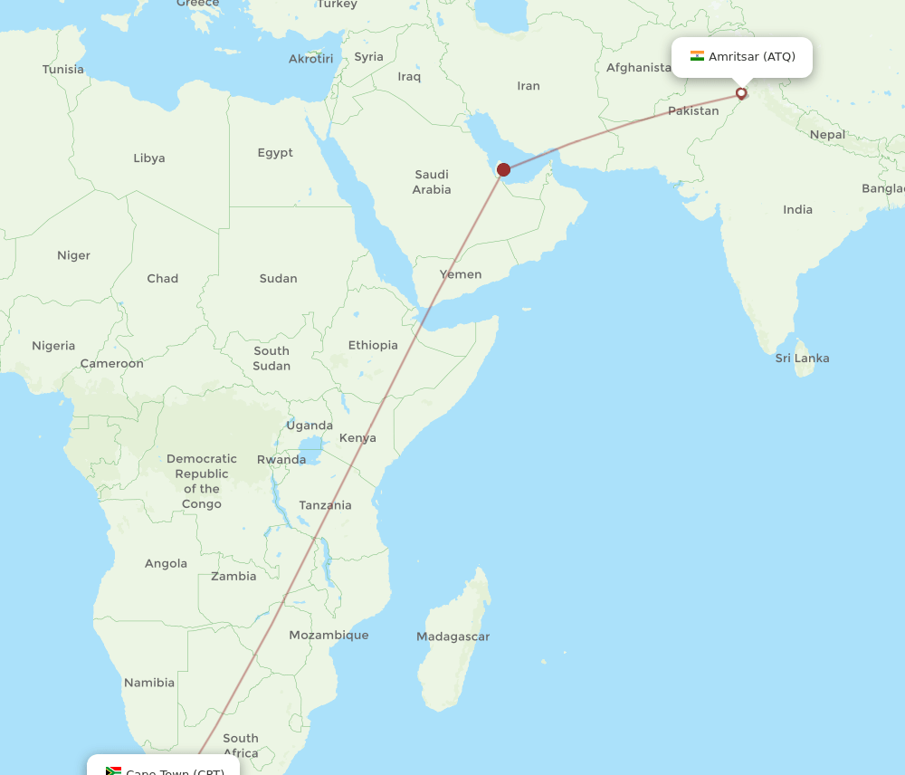 Cape Town - Amritsar route map and flight paths