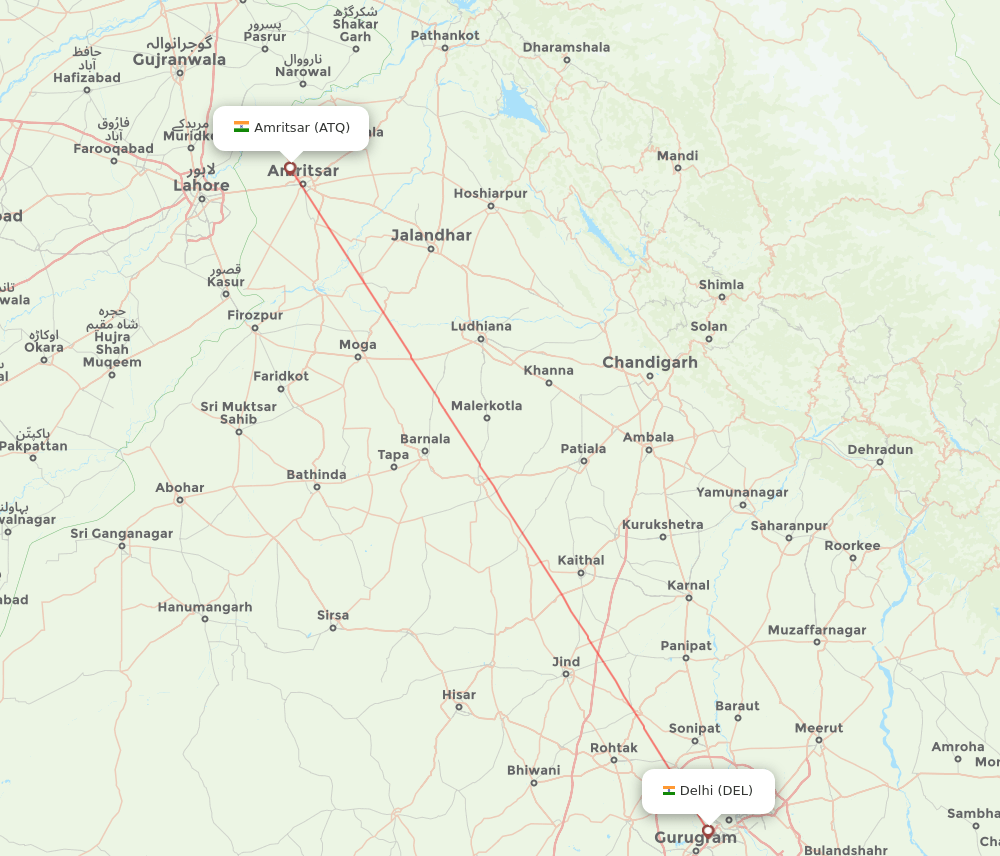 Amritsar - Delhi route map and flight paths