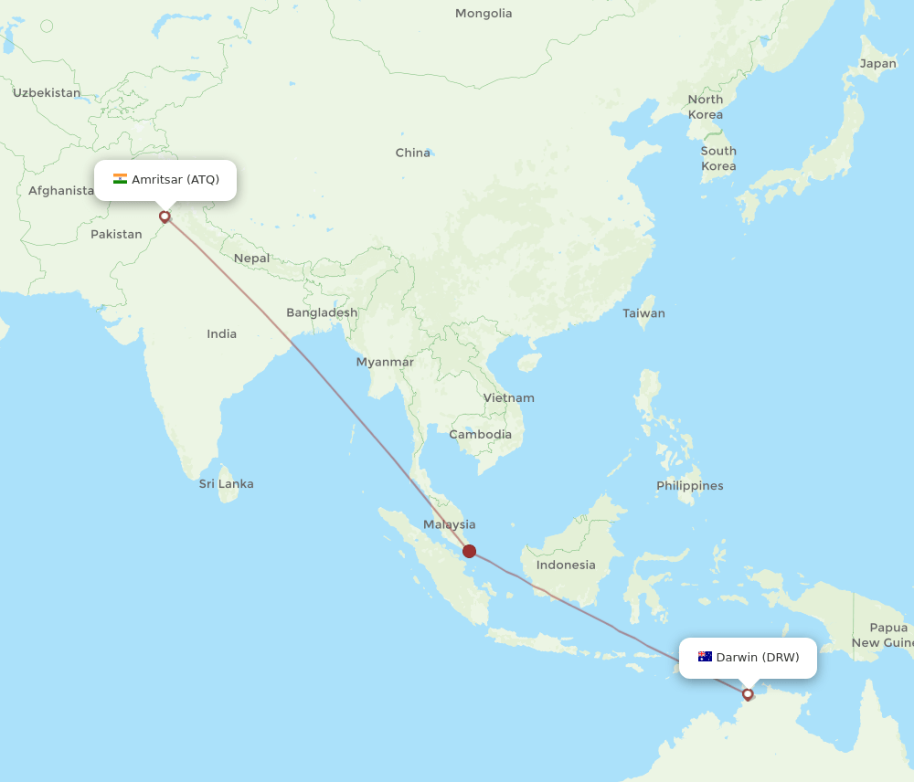 Darwin - Amritsar route map and flight paths
