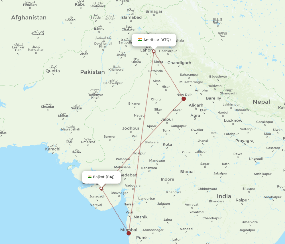 Amritsar - Rajkot route map and flight paths