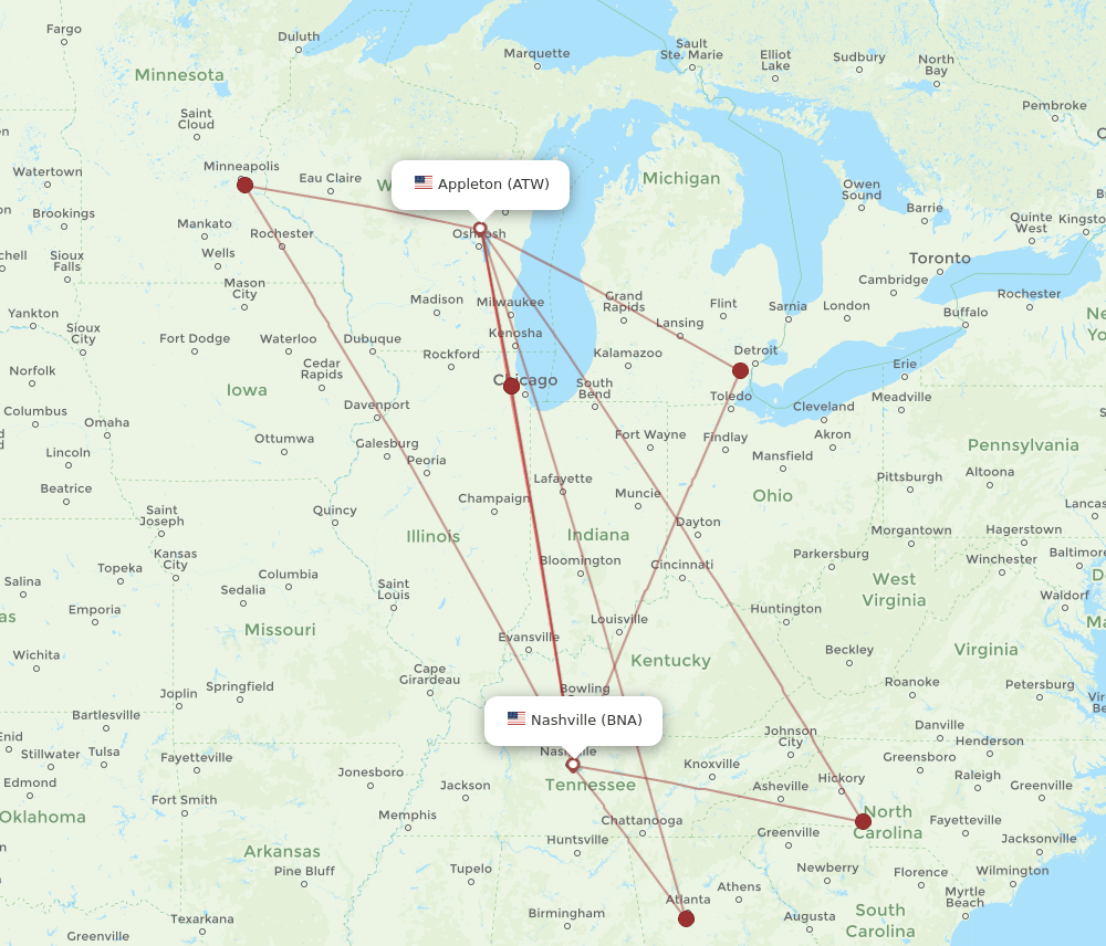 ATW-BNA flight routes