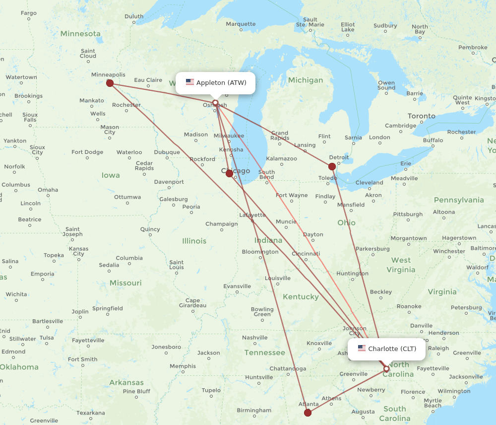 ATW-CLT flight routes