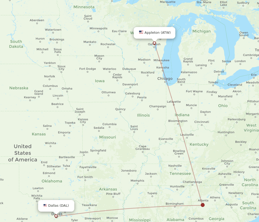 ATW-DAL flight routes