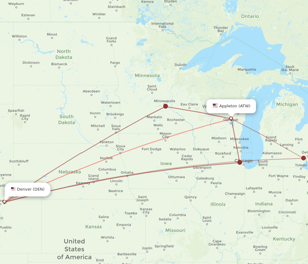 ATW-DEN flight routes