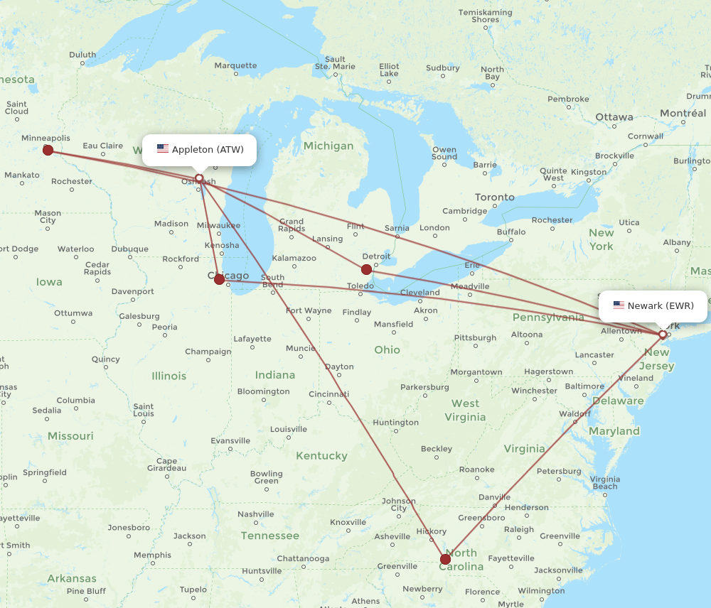 ATW to EWR flights and routes map