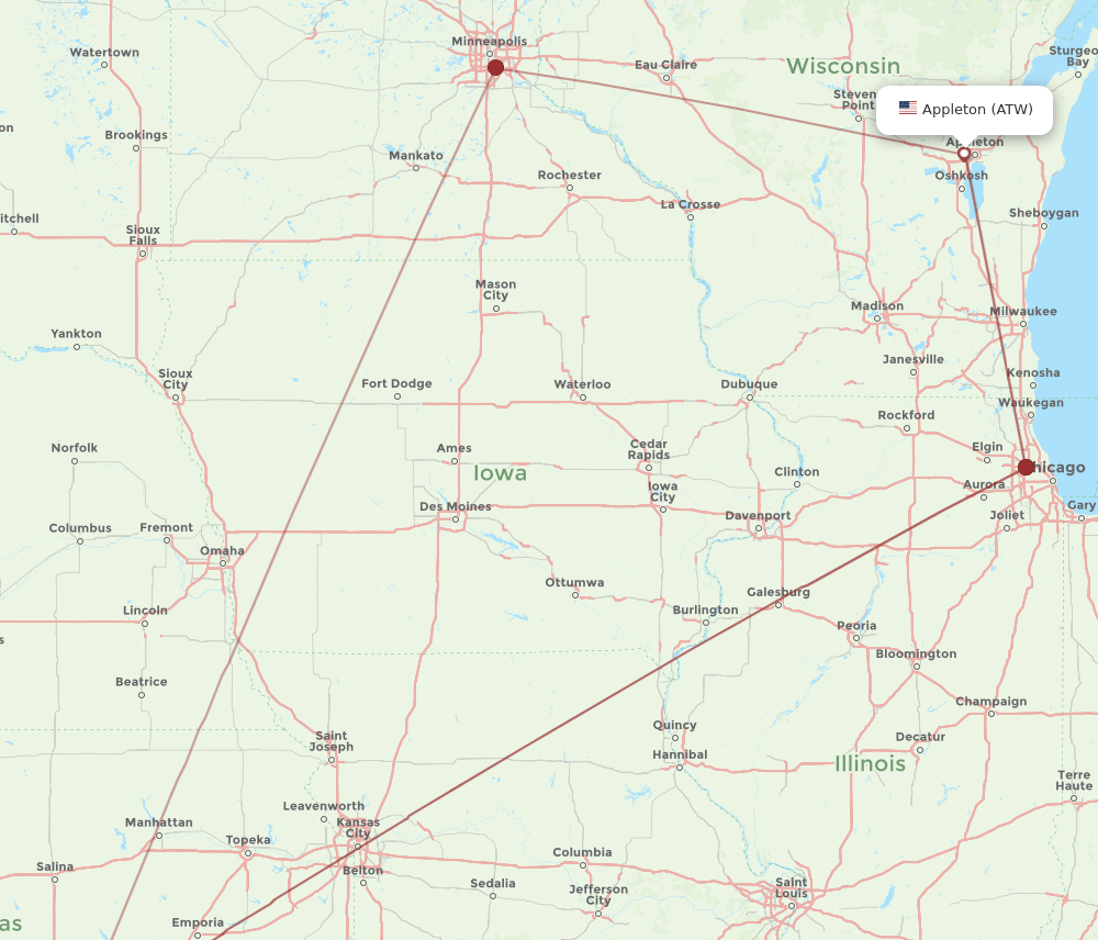 ATW to ICT flights and routes map