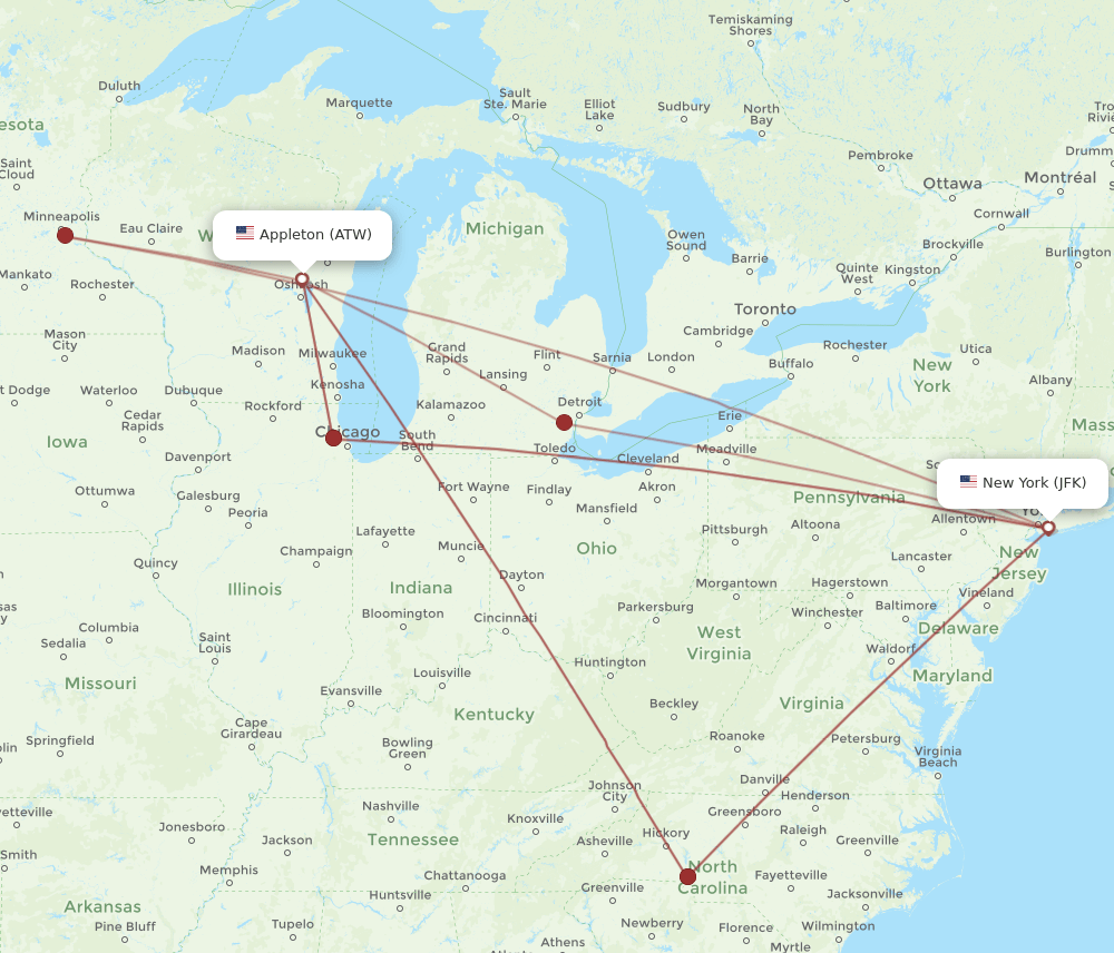 ATW-JFK flight routes