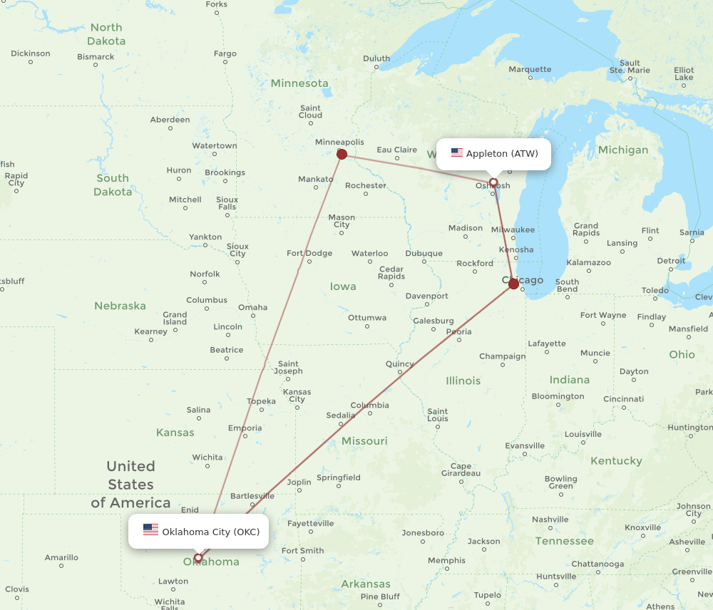 ATW-OKC flight routes