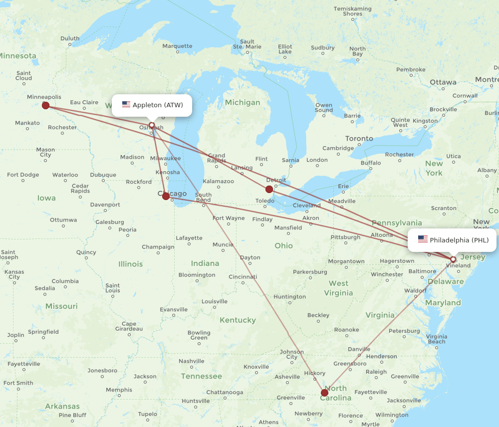 ATW-PHL flight routes
