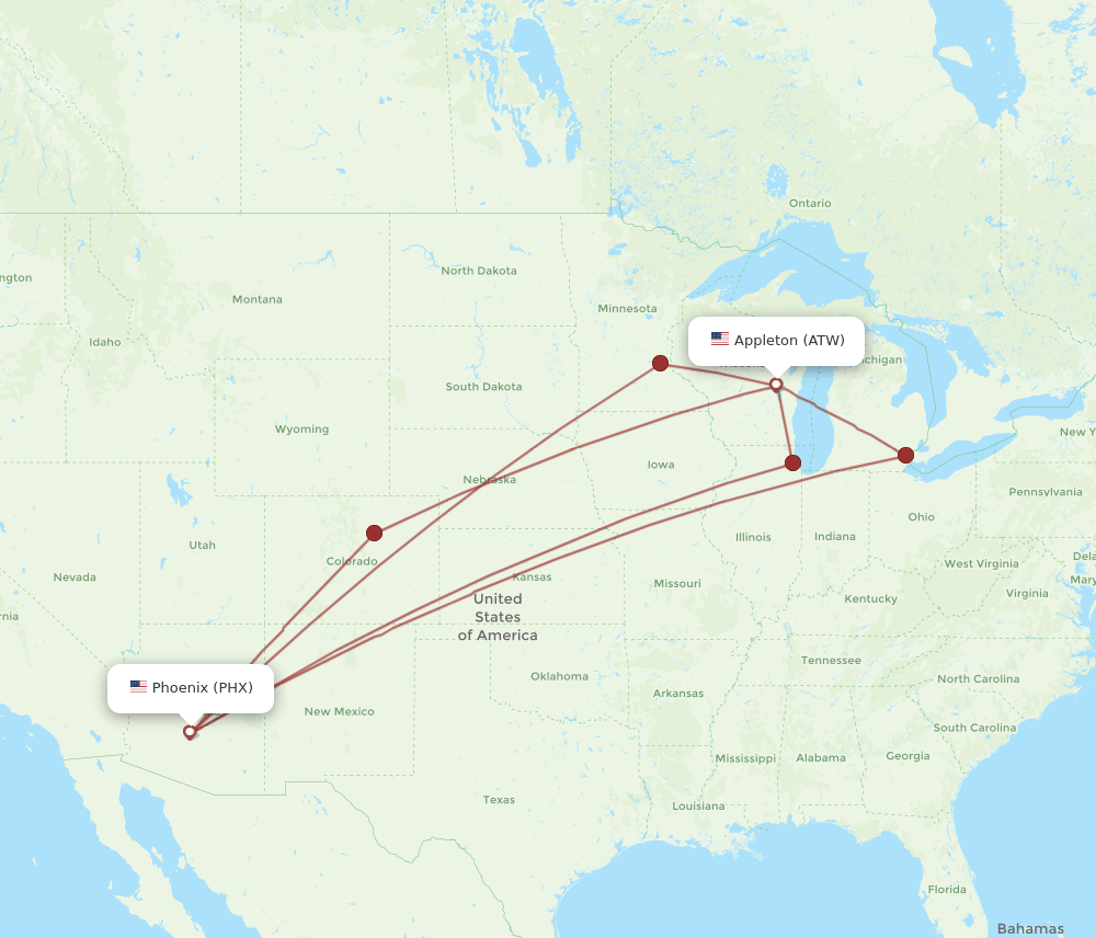 ATW to PHX flights and routes map