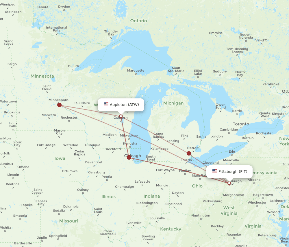 ATW to PIT flights and routes map