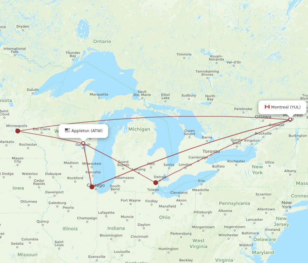 ATW-YUL flight routes