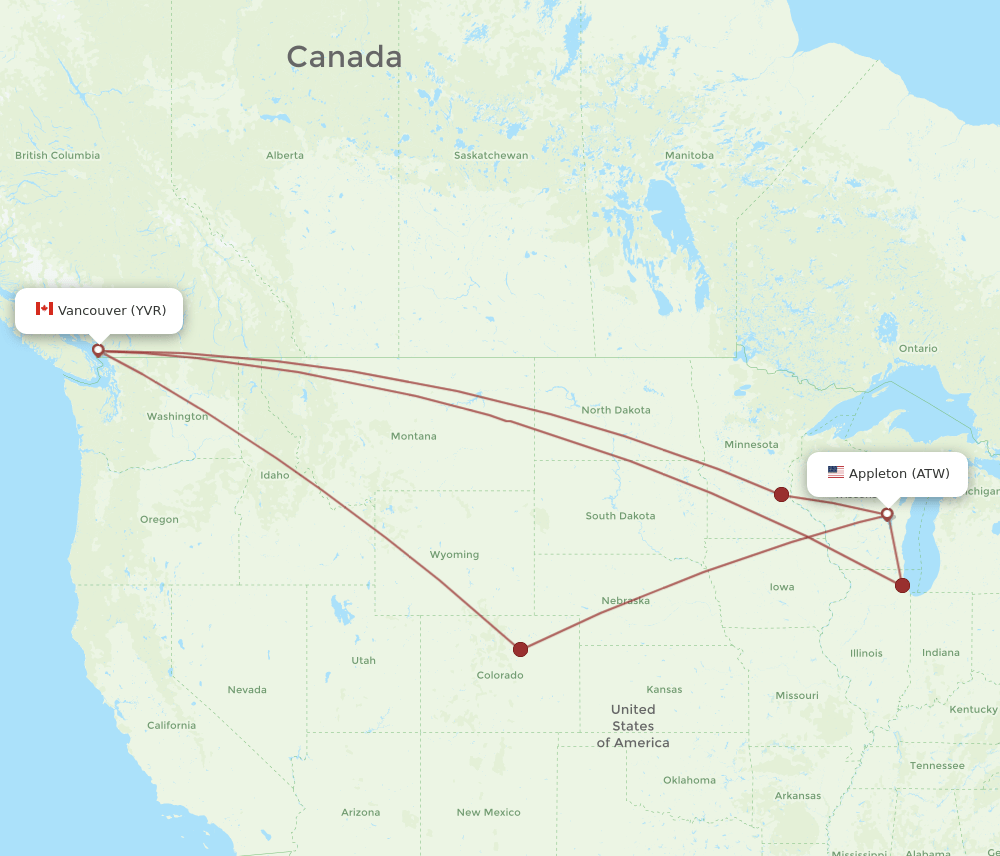ATW to YVR flights and routes map